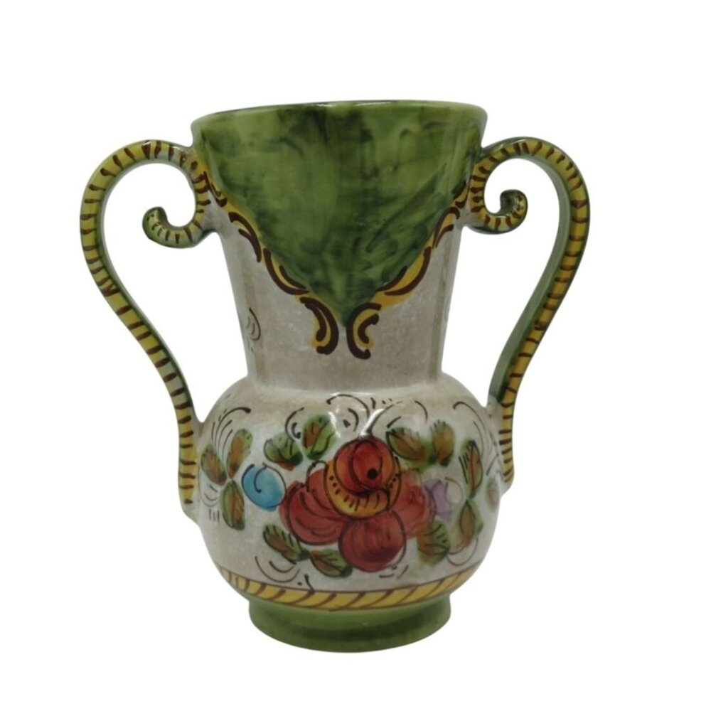 DERUTA Italian Ceramic VASE with Floral Design and Dual Handles - Damaged